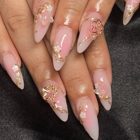 24pcs Star Pattern Full Cover Nail Tips Simple French Red Long Almond Fake Nail Sets Detachable Press on False Nails Finished