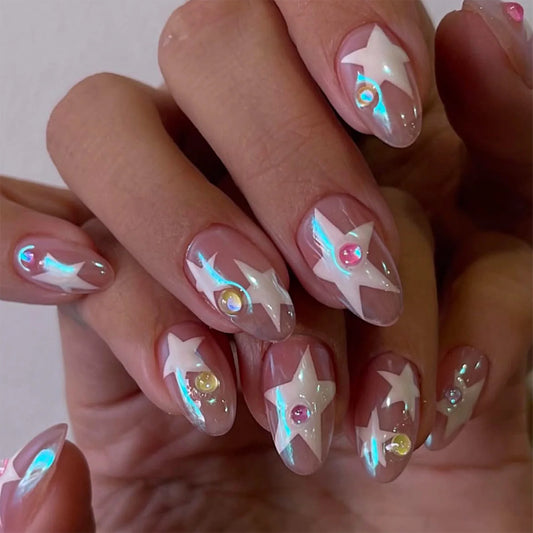 24pcs White Five-pointed Star Press On Nails Colorful Rhinestone Decor Short Almond False Nail Korean Style Charm Fake Nails