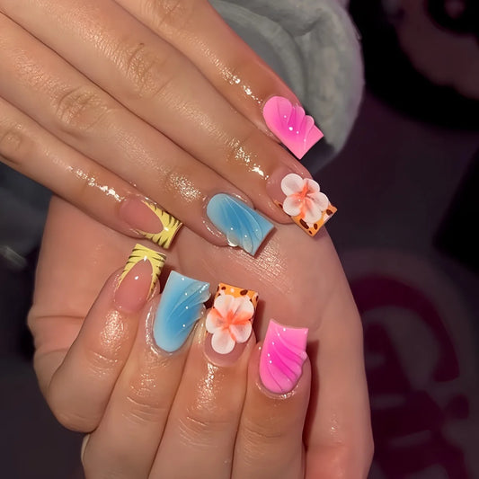 24pcs Short Square Head False Nails Blush Pink Blue Stereo Flower Spring Wearable Press On Nails Leopard Print French Fake Nail