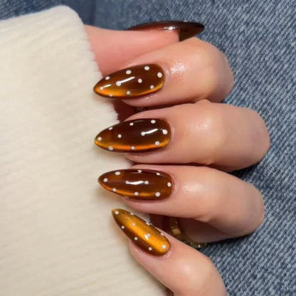 24pcs Pink Cat Eye Fake Nails with Black Dot Printed False Nails Full Cover Wearable Sweet Korean Almond Press On Nails Tips