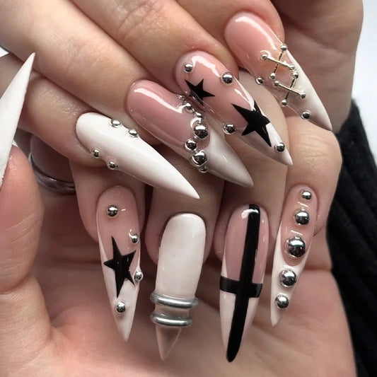 24pcs Long Stiletto False Nails Sets Star Pattern French Fake Nail Tips Metal Decor Almond Press on Nails Finished Pink Manicure