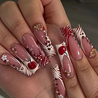 24Pcs Long Square Head French Fake Nail Tips 3D Love Heart Design Press on Nails with Rhinestone Pattern Wearable False Nail Art