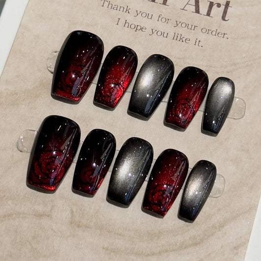 10Pcs Light Luxury Handmade Press On Nails French coffin Cat Eye Fake Nails with Diamond Full Cover Wearable Artificial Nail Tip