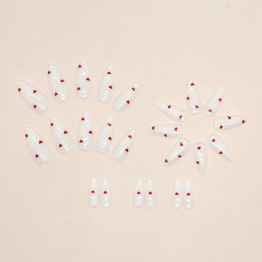 24PCS- white almond fake nails, red love pattern decoration, exquisite elegance, fashion generous, suitable for dating, dinner,