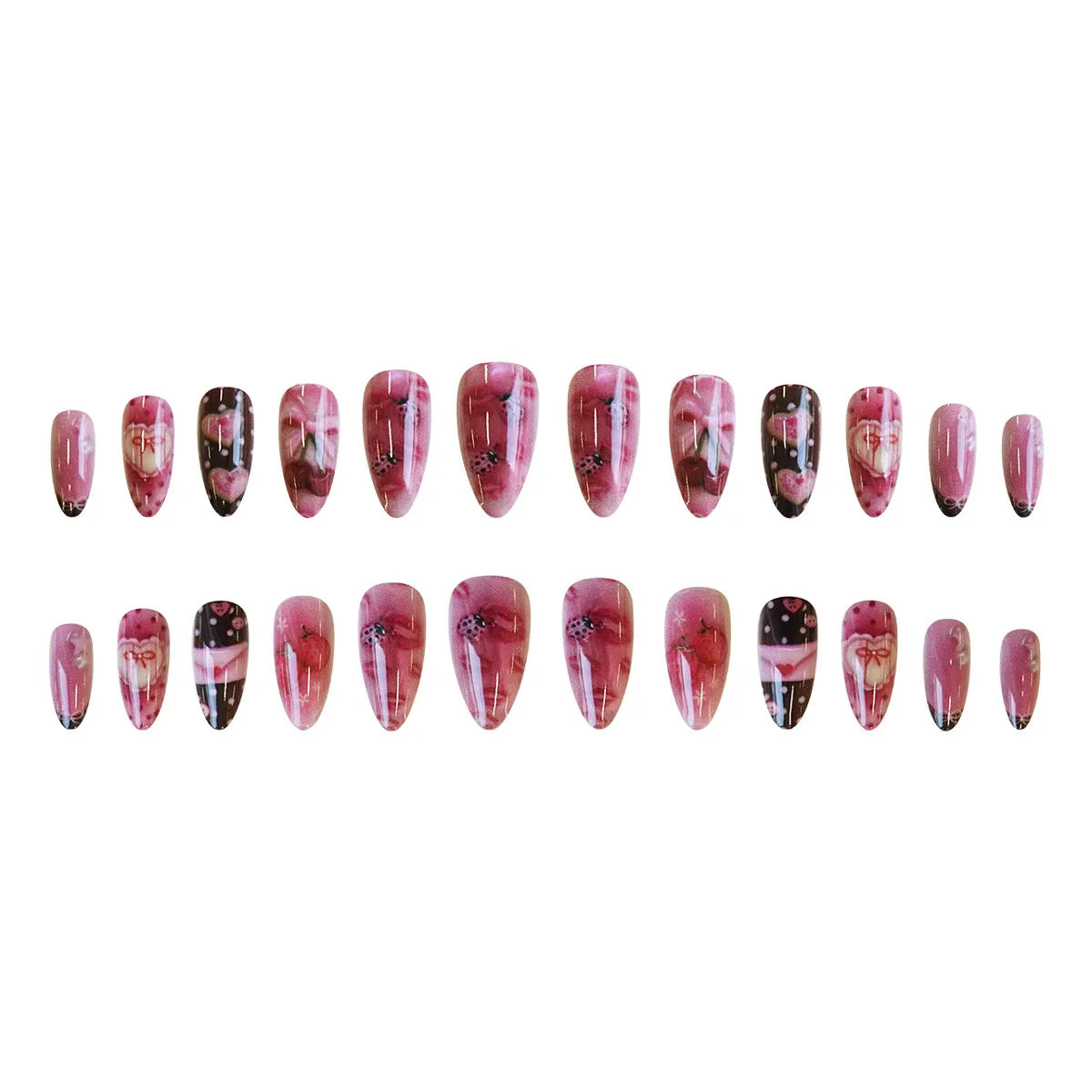 24pcs Sweet Letter Press On Nails Cute Cherry Bowknots Ladybug Strawberry Decor False Nails Blush Pink Almond Fake Nail For Girl