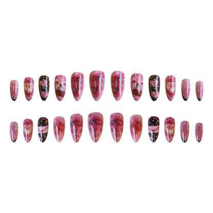 24pcs Sweet Letter Press On Nails Cute Cherry Bowknots Ladybug Strawberry Decor False Nails Blush Pink Almond Fake Nail For Girl