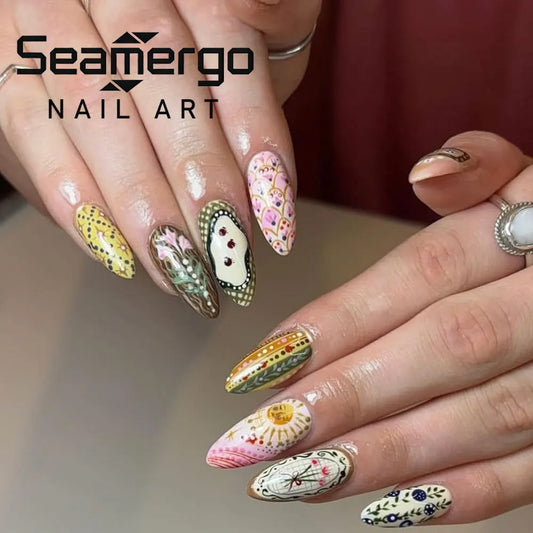 24PCS Almond Colorful Fake Nails with Hand Painted Fruit Floral Print Press on Nails Retro Bohemian Style Reusable False Nails