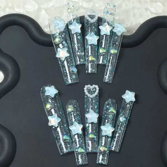 10pcs high-end Fresh and long handmade fake nails, Fresh and long nail decoration for girls
