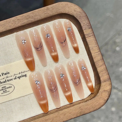 10pcs Long Ballerina Almond False Nail Tips Handmade Glossy Pink Cat's Eye Press On Nails Sweet Simple Gentle Fake Nail For Girl