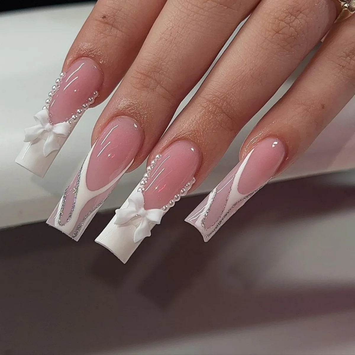 24pcs White French Square Tips Press on Nails Sets Finished Long Ballet Fake Nail Bow Pearl Design Stick on Wearable False Nail