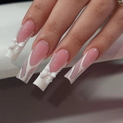 24pcs White French Square Tips Press on Nails Sets Finished Long Ballet Fake Nail Bow Pearl Design Stick on Wearable False Nail