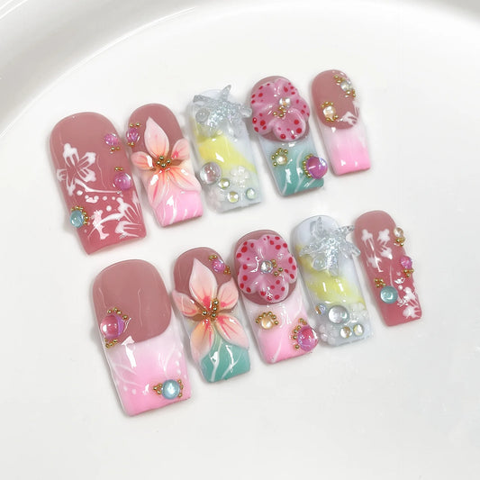 10Pcs French Gradient Handmade False Nails Light Luxury Sweet Coffin 3D Flower Starfish Designs Finished Manicure Acrylic Nails