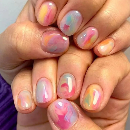 24Pcs Short Square Head Summer Fake Nail Colorful Gradient with Design Simple Full Cover False Nail Wearable Press on Nails Tips