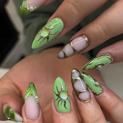 Solstice – Green Cat Eye French Short Almond Press-On Nails
