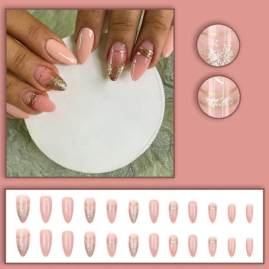 Medium fake nails for women gilr Nude pink almond nail tips with sparkling glitters french strips full cover press on false nail