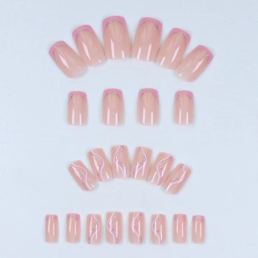 Instantly Upgrade Your Look With 24pcs-A full-coverage false nail set with medium-length square nails in white and pink lines