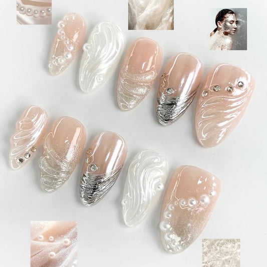 24pcs Nude Color False Nail Pearl Rhinestone Decor Almond Fake Nail Art Shiny Powder Gradient Design French White Press on Nails