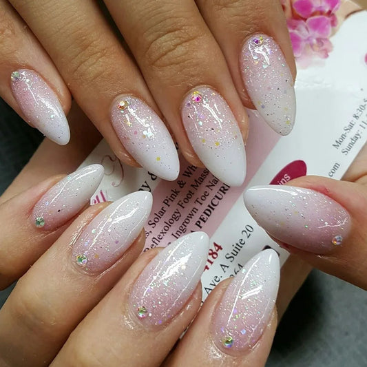 24Pcs Mid-length Almond Press on False Nails White Gradient Bow Star Love Heart Fake Nails Pearl Reusable Full Cover Nails Tips