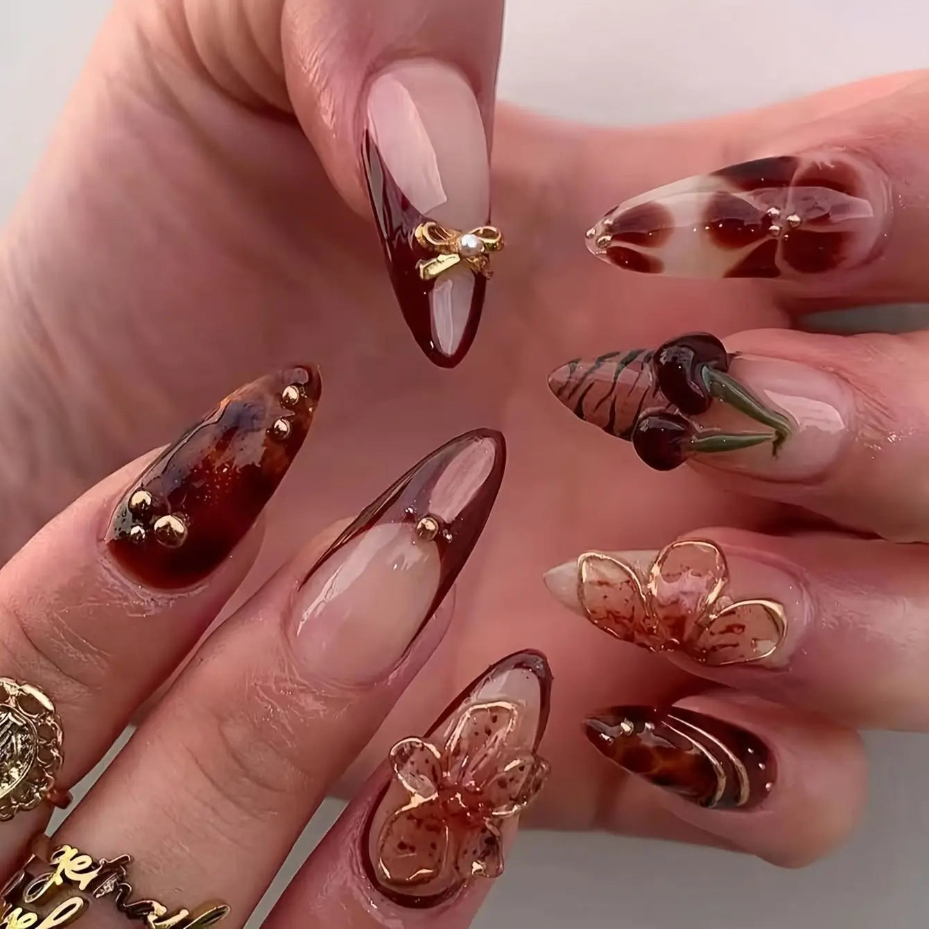 24Pcs Mid-length French Almond Full Cover Nails Tips Cherry Colorful Flower Design Press on Fake Nails Detachable False Nail Art