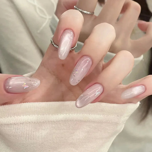24pcs Cat's Eye Full Cover Nail Simple Star Sequin Design Press on Nails Round Almond Fake Nails Wearable Temperament False Nail
