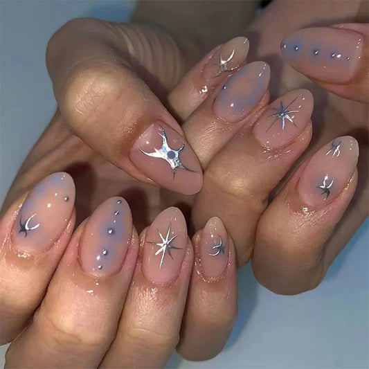 24Pcs Short French Almond Fake Nails Press on Blue Smudge Design False Nails Irregular Pattern Detachable Full Cover Nails Tips