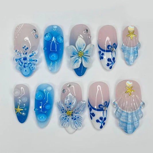 24pcs Flower Seashell False Nails Art Summer Beach Long Almond Press on Nails Tips French Gradient Blue Fake Nail Sets Finished