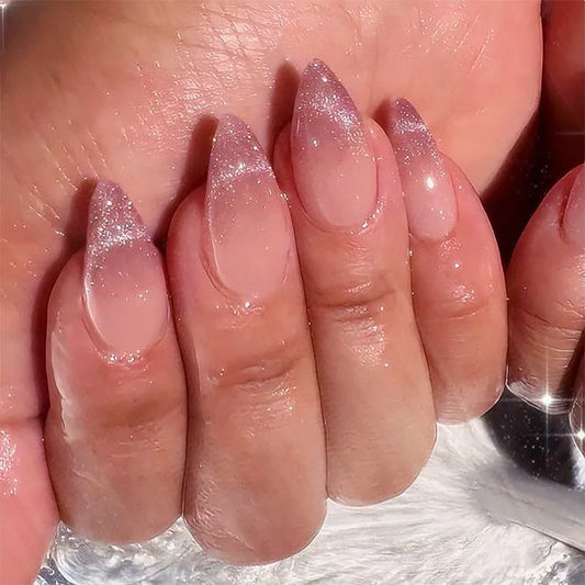 24pcs Shiny Powder Wearable False Nail Set Simple Nude Pink Almond Nail Tips Finished Oval Press on Nails Tips Acrylic Fake Nail