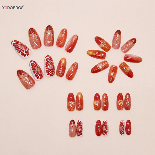 30Pcs Red Flower Press On Nails With Glitter Glossy Artificial Nails For Party Wedding