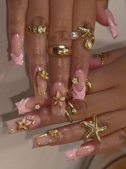 24pcs/Set Y2K French Medium Length Nail Tips, Sweet 3D Pink Flower & Wavy Design With Golden Beads Accent, Press-On Artificial