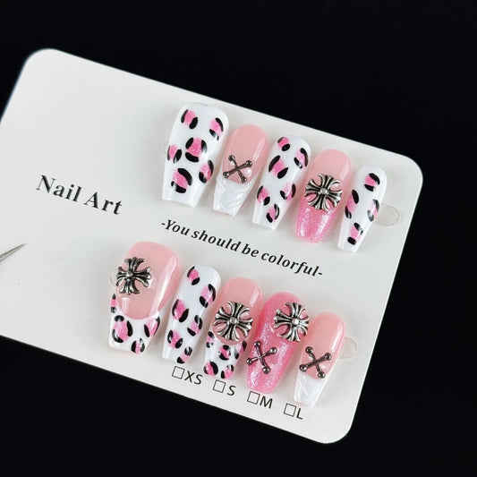 10pcs high-end Girlish gothic style, hand-painted leopard print, glittering small diamonds handmade fake nails