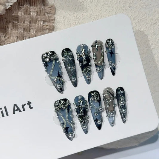 10PCS Handmade Gothic Press On Nails Dark Punk Ins Metal Fake Nails Wearable European Spice Girls Long Pointed False Nails INS