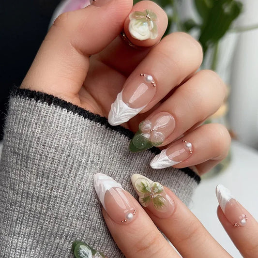 24pcs Almond Press on Nails Tips Flower Design French Pink Fake Nail Art Polka Dot Full Cover Nail Sets Rhinestone False Nail