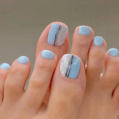 Flow Chocolate Design Artificial Toenails Glossy Fashion Toe Fake Nails with Glue Wearable Short Flat Shape Fake Toenails