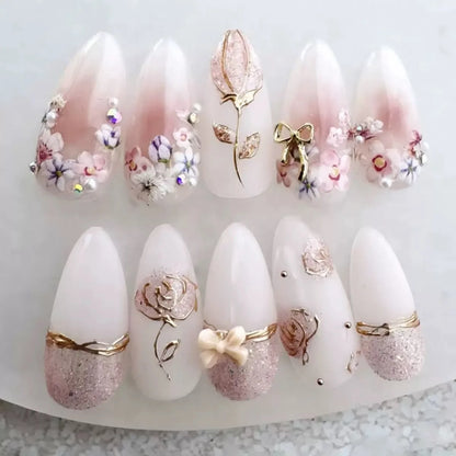 24Pcs Light Blue Smudge Fake Nails Press on Almond Gold Leaf Removable Long Full Cover Nail Tips Wearable Finished Nail Art