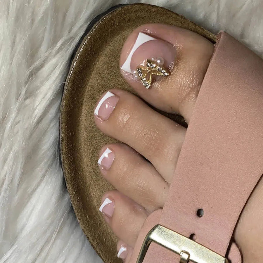 White French Fake Toenails with Rhinestone Design False Toenails for Girls Women Acrylic Toe Nail Tips Full Cover Wearable 24pcs