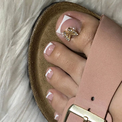 White French Fake Toenails with Rhinestone Design False Toenails for Girls Women Acrylic Toe Nail Tips Full Cover Wearable 24pcs