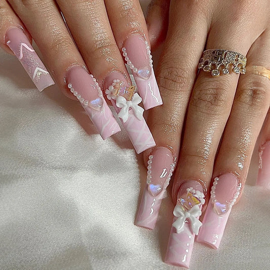 24Pcs Long Square French False Nails with 3D Bow Flower Love Heart Design Fake Nail Pearl Butterfly Reusable Press on Nails Tips