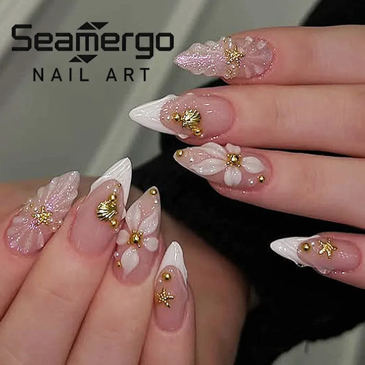 24PCS 3D Pearl Floral Ice Flower Press on Nails French Blush Sweet Fashion European Ins Style Sweet Removable Almond Shape Nails