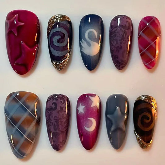 24pcs Y2k Almond Fashion Fake Nails Moon Star Style Swan Pattern Sweet Cool Press On Nails Full Cover Detachable False Nail