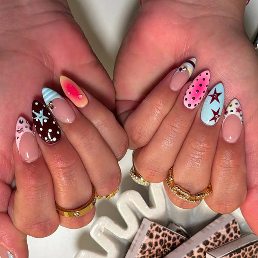 24pcs French Almond False Nails INS polka dot star printed Design Press on Nails Sweet Cool Fake Nail Patches Werable Detachable