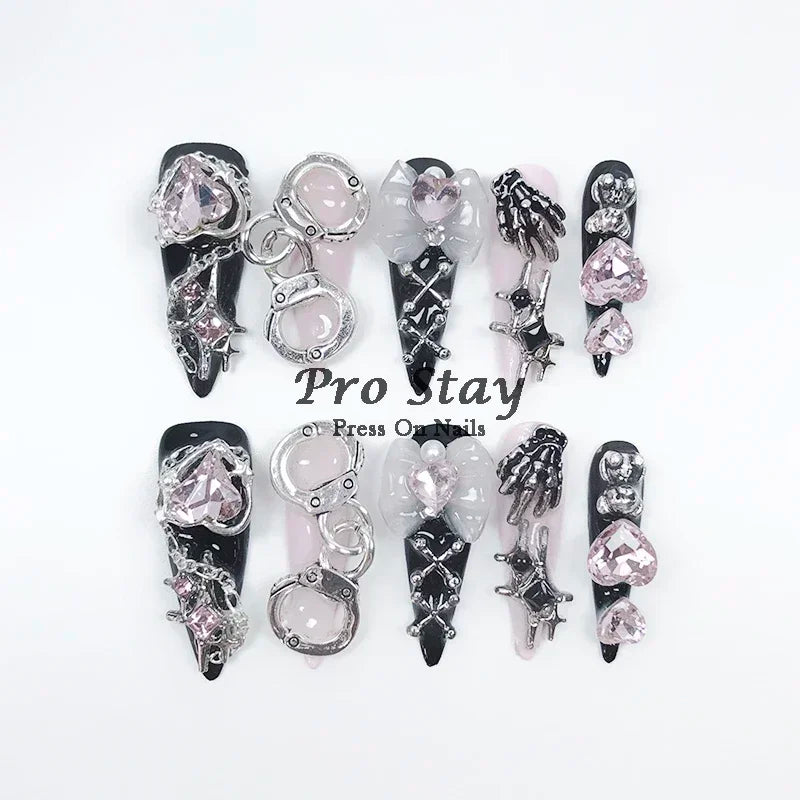 10pcs Dark Black Y2k Hot Girl Handmade Press On Nails Sweet Cool With Diamond Metal Decoration Wearable Artificial False Nail
