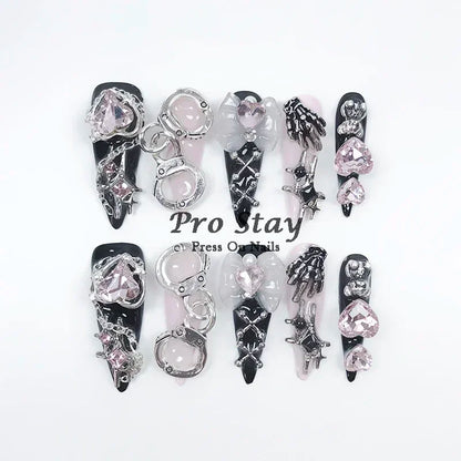 10pcs Dark Black Y2k Hot Girl Handmade Press On Nails Sweet Cool With Diamond Metal Decoration Wearable Artificial False Nail