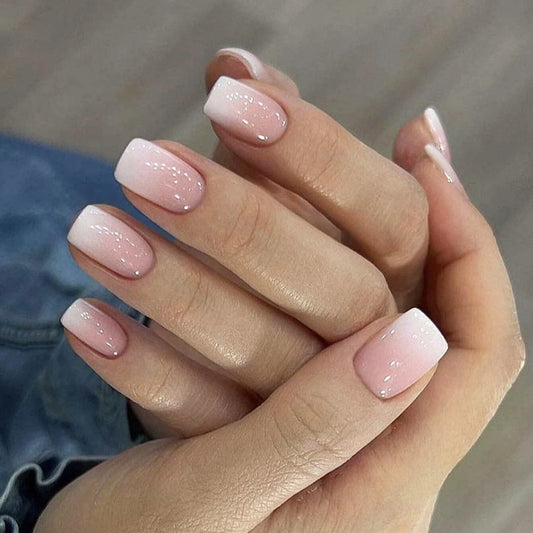 24pcs Upgrade Your Look With Short square false nails with a pinkish-white gradient 1pc Nail File & 1Nail Glue Sticker Kit Nails
