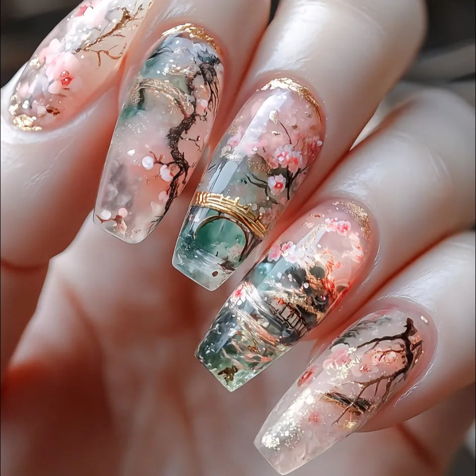 24Pcs Mid-length Ballet Press on False Nails with Pueple Gold Smudge Design Fake Nails Detachable Finished Full Cover Nails Tips