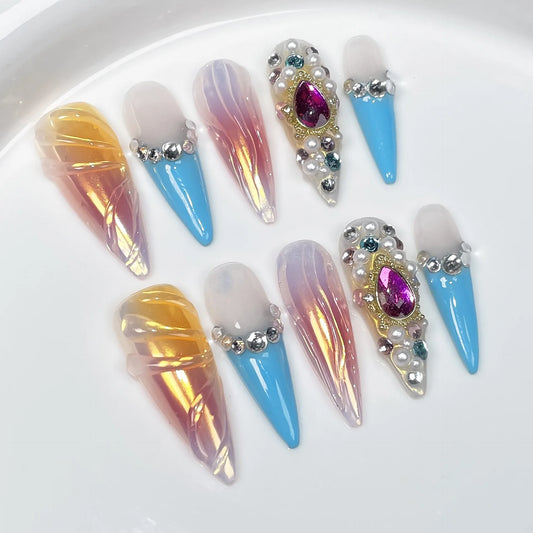 10Pcs Glossy Gradient Handmade Press on Nails Full Cover Glitter Peal Rhinestones Long Almond False Nails Light Luxury Tips Art
