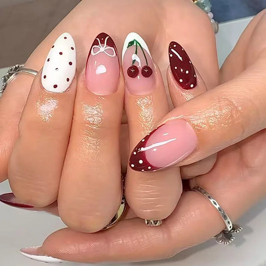 24pcs Wine Red French Tips Fake Nail with Polka Dot Design Nails Sets Press on Almond False Nails Sweet Bow Cherry Stick on Nail