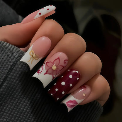 24PCS Spice Girls False Nails Sweet Cool 3D Pink Flowers with Diamonds Decoration Square Press on Nails Full Cover Wearable Tips