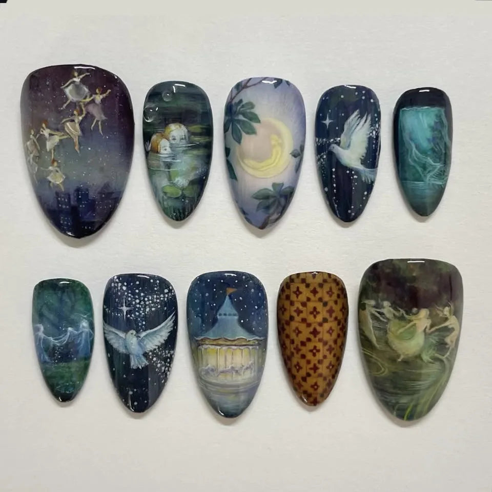 24Pcs Mid-length Almond Press on Fake Nails with Insect Flower Button Design Full Cover Nails Tips Reusable Finished False Nails