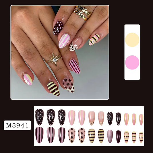 24PCS Sweet Retro Style Press on Nails Pink Yellow Brown Stripe Polka Dot Print Almond Nails Reusable False Nails for Daily Wear