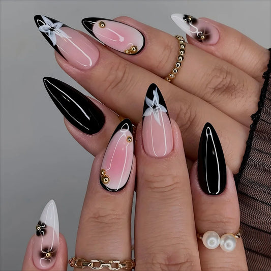 24Pcs Mid-length Brown French Almond Nails Set Press on White Dot Detachable False Nails 3D Bow Pearl Full Cover Fake Nails Tips